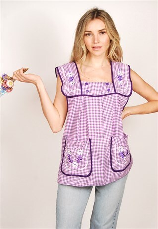 VINTAGE APRON TOP PURPLE 90S PINAFORE PICNIC EMBROIDERED
