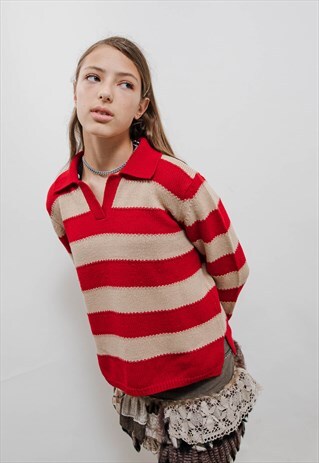 VINTAGE 90S GRUNGE POLO NECK BOLD STRIPE KNIT JUMPER WOMEN