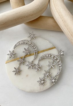 Silver Diamante Drop Chandelier Moon Star  Earrings