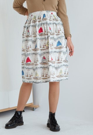 VINTAGE HIGH WAIST SAILBOAT PRINTED MIDI SKIRT XXS
