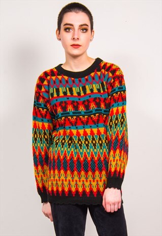 VINTAGE 90'S MULTICOLOUR PATTERNED KNIT JUMPER
