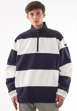 VINTAGE GANT PULLOVER WINDBREAKER 90S WHITE BLUE STRIPED