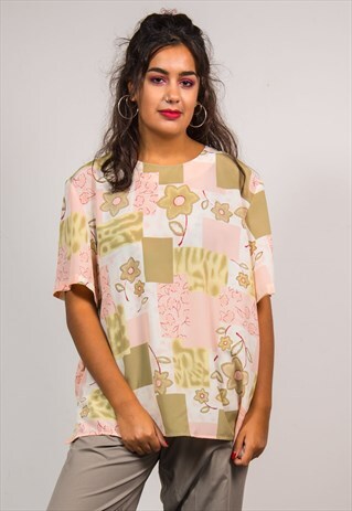 VINTAGE 90'S PINK & GREEN FLORAL PRINT TOP BLOUSE