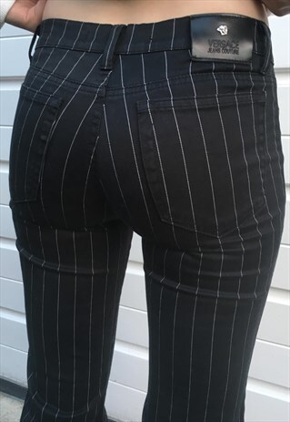 WOMENS VINTAGE VERSACE BLUE WHITE PINSTRIPE JEANS TROUSERS