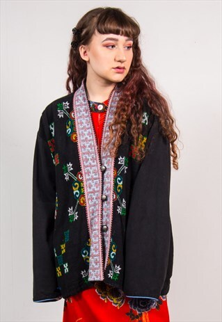 VINTAGE 90'S BLACK CROSS STITCH TAPESTRY HIPPIE JACKET