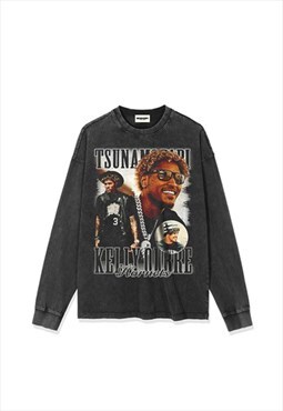 Black Kelly Oubre Washed Long Sleeve fans T shirt tee NBA
