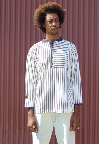 90S PREPPY SKATER STRIPE HENLEY LONG SLEEVE SHIRT MEDIUM