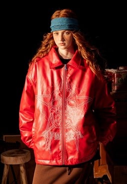 Red faux leather racing jacket padded PU bomber Gothic coat