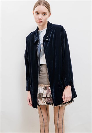 VINTAGE BOXY FIT HIGH NECK ZIP UP VELVET JACKET IN BLUE M