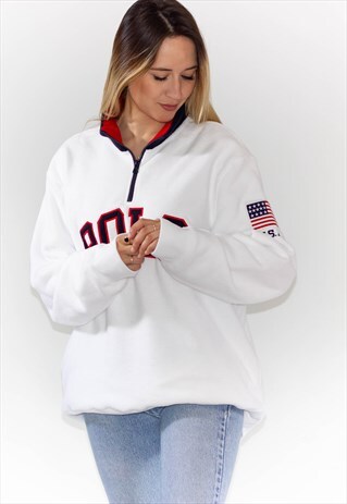 NEW RALPH LAUREN ARCTIC WHITE 1/4 ZIP SPELLOUT LOGO FLEEECE