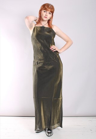 VINTAGE 80S MAXI SLIP DRESS IN GOLD METALLIC CHIFFON