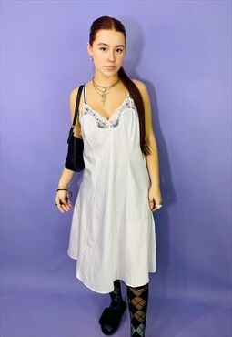 Vintage 90s White Satin Lace Trim Mini Slip Dress