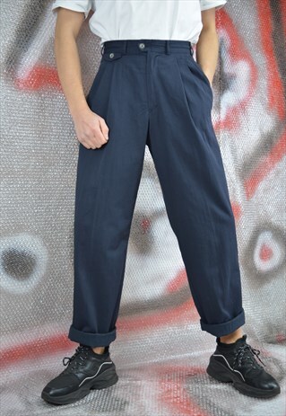 VINTAGE DARK BLUE STRAIGHT CLASSIC SUIT TROUSERS