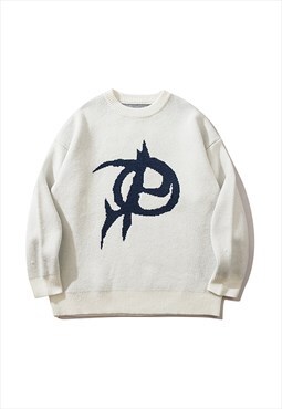 Cyber punk sweater geometric jumper letter pullover in cream