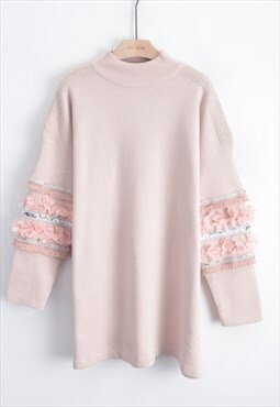 Jumper with Floral and Sequin Embellished Sleeves in Pink