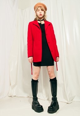 Vintage Wool Coat 90s Tie Waist Jacket in Red