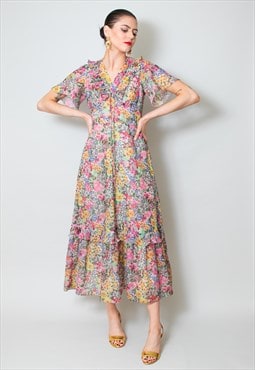 70's Vintage Ladies Midi Dress Floral Ruffles Fluted Sleeves
