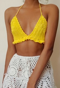 Rosina Yellow Crochet halter neck tie back crop top 