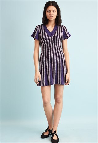 90'S GOES 70'S RETRO KNIT STRIPED JAZZY MINI DRESS