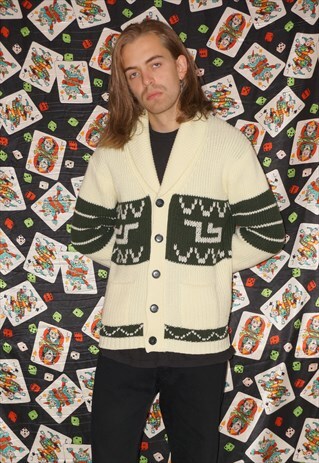 VINTAGE 80'S CREAM / GREEN CARDIGAN