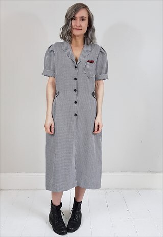 VINTAGE 80'S BLACK AND WHITE CHECKED BUTTON SHIRT DRESS