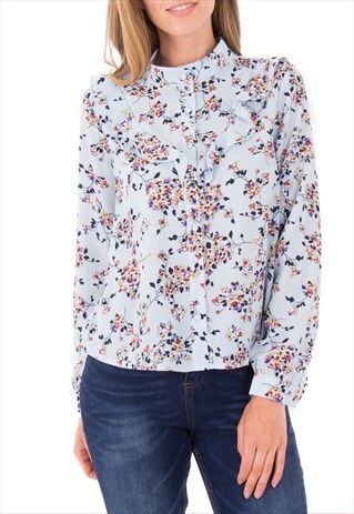 MULTI COLOR LONG SLEEVES FRONT FRILL FLORAL PRINT BLOUSE