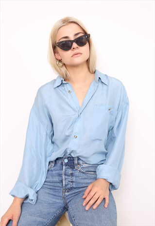 VINTAGE 90S BLUE SILK OVERSIZED BLOUSE SHIRT