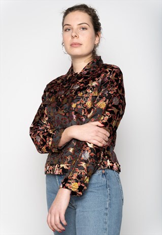 BLACK RED GOLD SHINY FLORAL HUMMING-BIRD PATTERN JACKET M