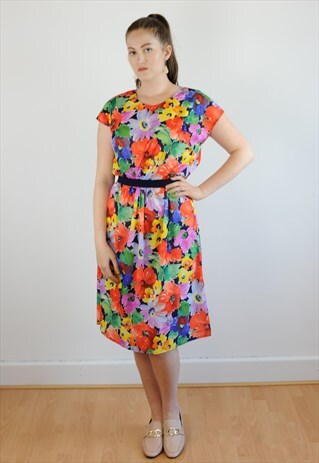 WOMENS VINTAGE 80S DRESS MULTICOLOURED FLORAL ABSTRACT