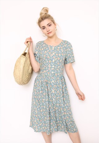 VINTAGE 90S GREEN FLORAL BUTTON THROUGH MIDI DRESS