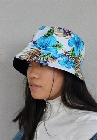 BLUE Y2K_90S MULTI FLORAL PRINT FESTIVAL BUCKET HAT