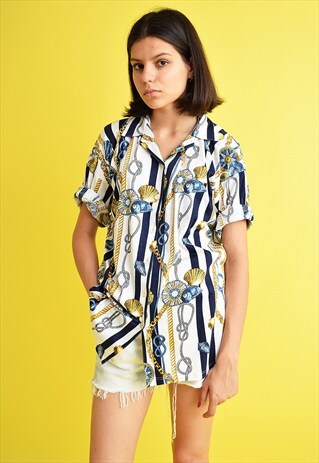 90'S RETRO NAUTICAL PATTERN PRINT OVERSIZED SHIRT BLOUSE TOP