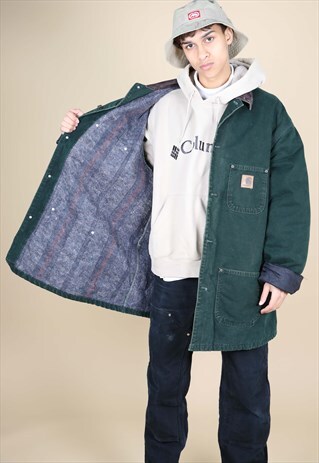 VINTAGE GREEN LONG CARHARTT CHORE WORK WEAR COAT