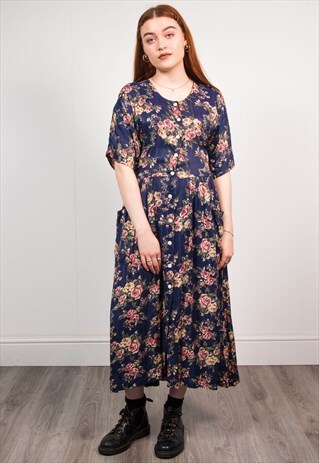 VINTAGE 90'S BLUE FLORAL PATTERN MIDI DRESS