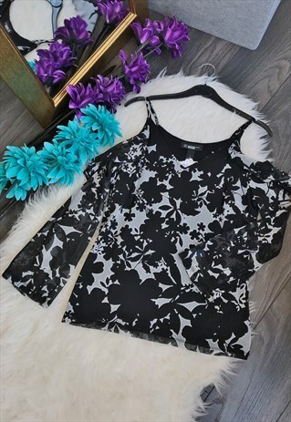 PETITE BLACK SHEER COLD SHOULDER FRILL TOP
