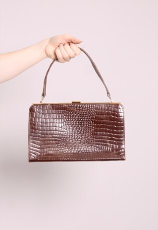 VINTAGE 60S BROWN LEATHER CROCODILE EFFECT KELLY BOX HANDBAG
