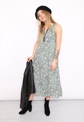 VINTAGE 90S REWORKED GREEN FLORAL MIDI DRESS