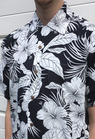 MENS VINTAGE 80S SHIRT BLACK WHITE HAWAIIAN SHIRT FLORAL TOP