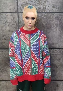 Geometric sweater Aztec top American Y2K knit jumper in red