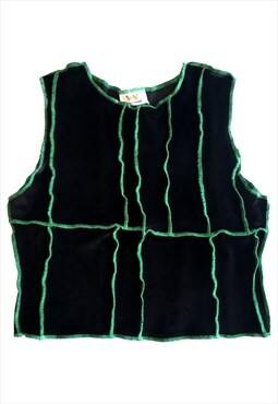 Velvet tank top in black with asymmetrical green stitching
