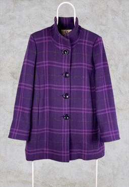 Vintage Viyella Purple Wool Coat Check Women's UK 14