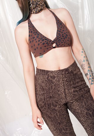VINTAGE BIKINI TOP Y2K LEOPARD PRINTED HALTERNECK BRA