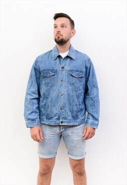 Vintage Denim Jacket 90's mens L Coat Trucker Jean Blue