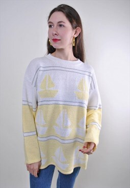 80s sea print sweatshirt, vintage sailor jumper, Size L