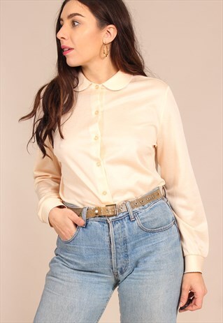 VINTAGE 70S BLOUSE IN SLUB WITH ROUNDED COLLAR