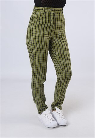 HIGH WAISTED TROUSERS CHECKED TAPERED LEG UK 8 (CK3G)