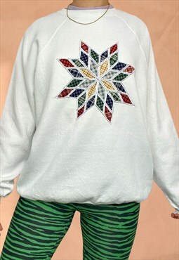 Vintage 90s Embroidered Star Sweatshirt Jumper in White