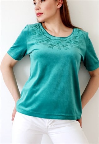 EMBROIDERED VINTAGE TOP 90S VELVET T-SHIRT COTTAGECORE GREEN