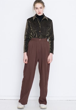 VINTAGE BROWN HIGH WAIST WIDE LEG RETRO TROUSERS