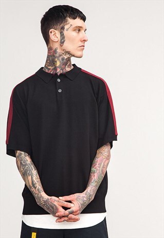 LOOSE FIT OVERSIZED PANELLED POLO SHIRT IN BLACK